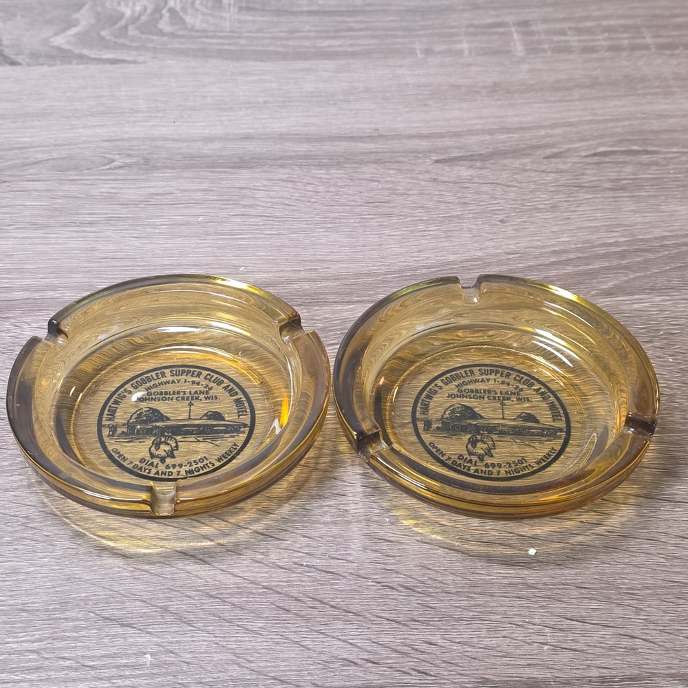 Vintage Hartwig's Gobbler Supper Club Amber Glass Ashtrays Set of 2 Wisconsin